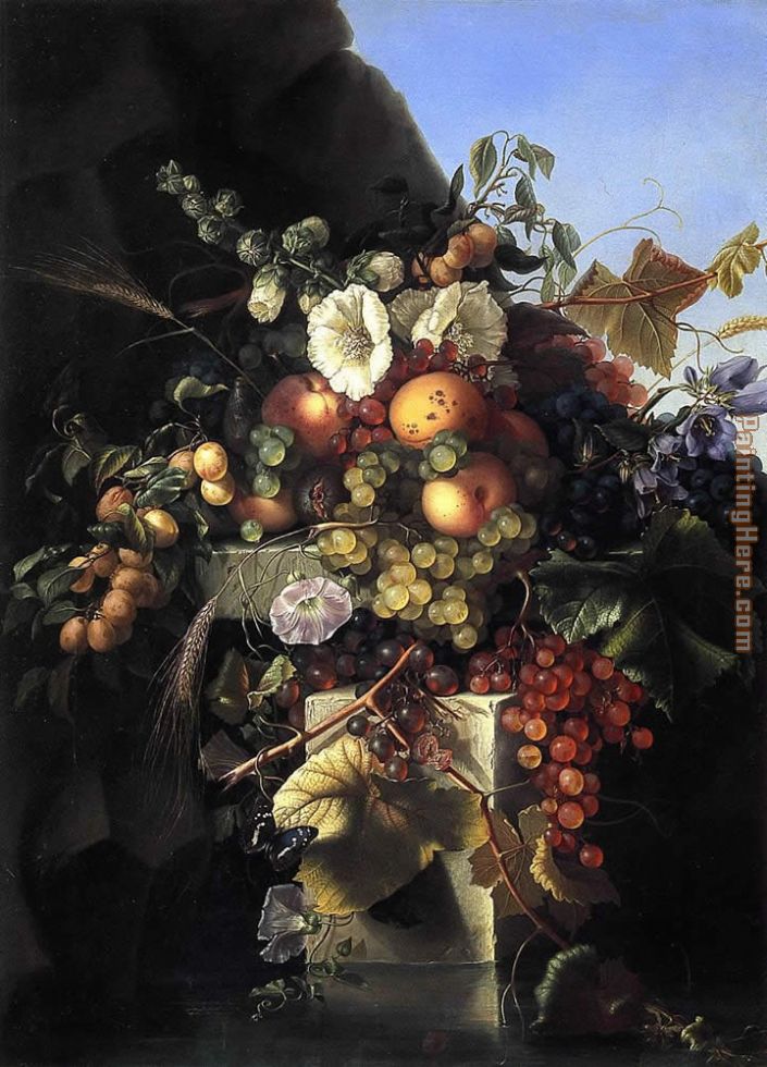 Adelheid Dietrich Still Life with Grapes_ Peaches_ Flowers and a Butterfly